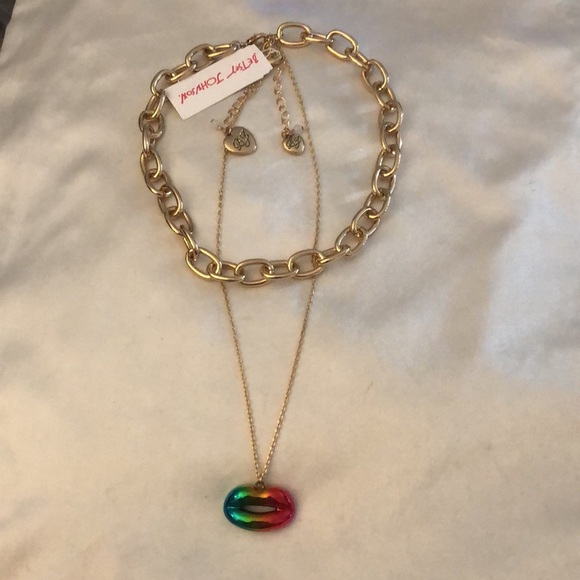 Betsey Johnson Gold Tone Layered 2PC Necklace Metallic Rainbow Lip Pendant NWT - Picture 13 of 15